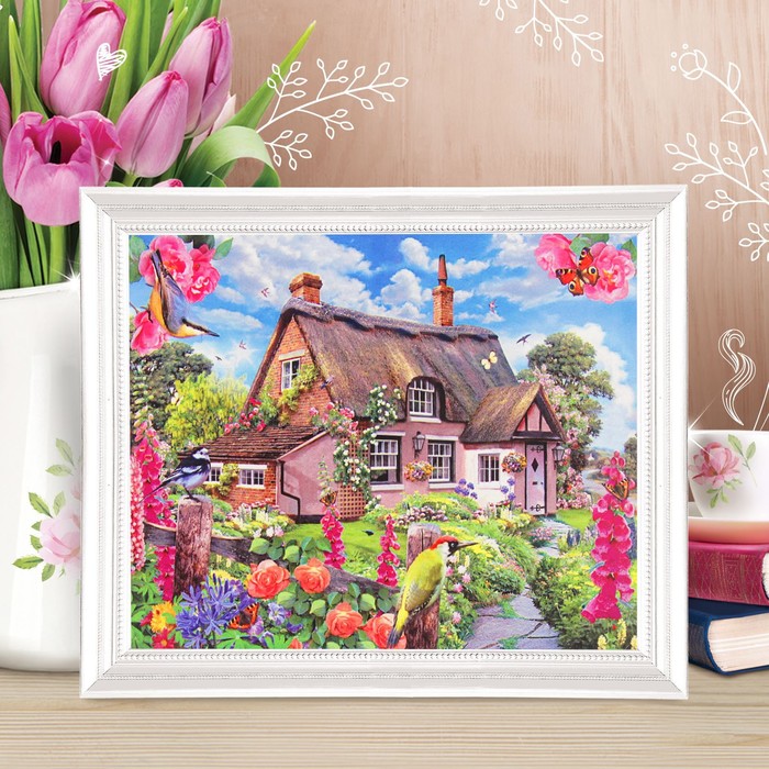 Роспись по холсту "Дом в цветах" по номерам с красками по 3 мл+ кисти+инстр+крепеж 30*40