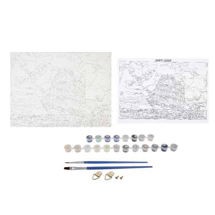 Роспись по холсту "Корабль с чайками "по номерам с краск по 3 мл+ кисти+инстр+крепеж 30*40