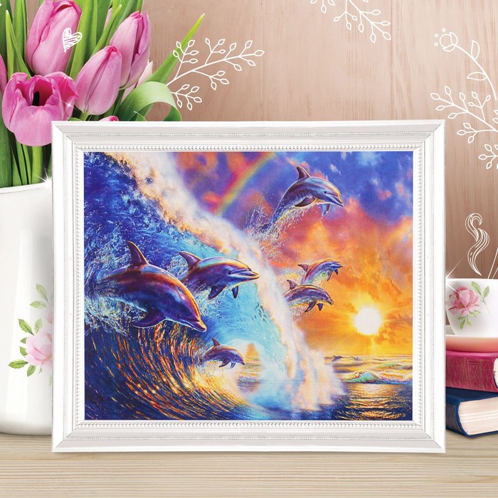 Роспись по холсту "Дельфины" по номерам с красками по 3 мл+ кисти+инстр+крепеж 30*40