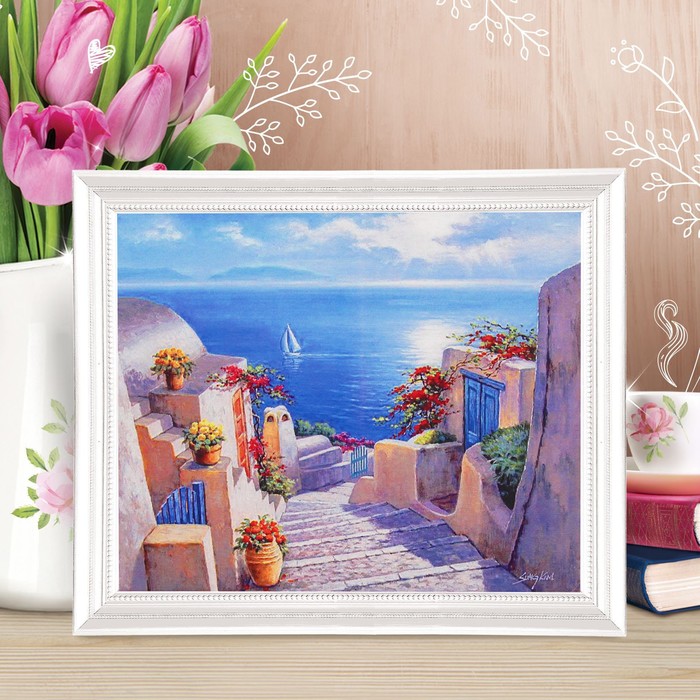 Роспись по холсту "Санторини" по номерам с красками по 3 мл+ кисти+инстр+крепеж 30*40