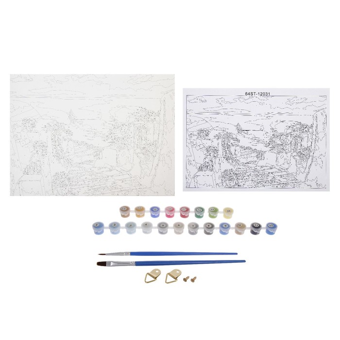 Роспись по холсту "Санторини" по номерам с красками по 3 мл+ кисти+инстр+крепеж 30*40