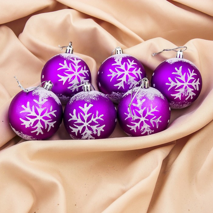 Набор шаров пластик d-7 см 6 шт "Цветной иней" фиолет
