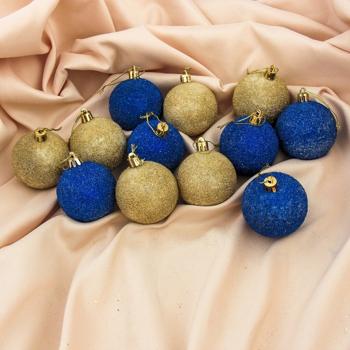 Набор шаров пластик d-6 см 12 шт "Сахарная пудра" синий,золото