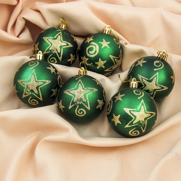 Набор шаров пластик d-7 см 6 шт "Звездопад" зеленый