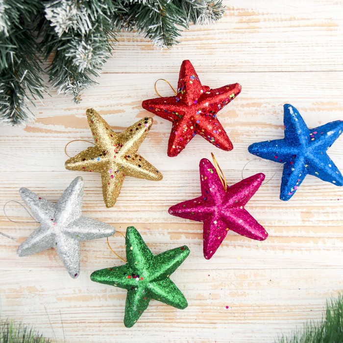 Украшение ёлочное "Звёзды" блеск (набор 6 шт) 9,5*9,5 см, микс