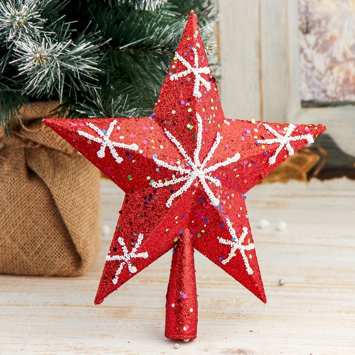 Наконечник "Звезда" белые снежинки 22*23,5 см, красный