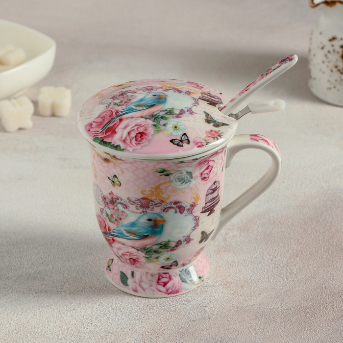 Кружка 350 мл "Птички", с ситом, ложкой и крышкой