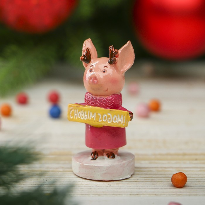 Сувенир полистоун "Свинка Лёля с оленьими рожками - С новым годом" h=5,5 см