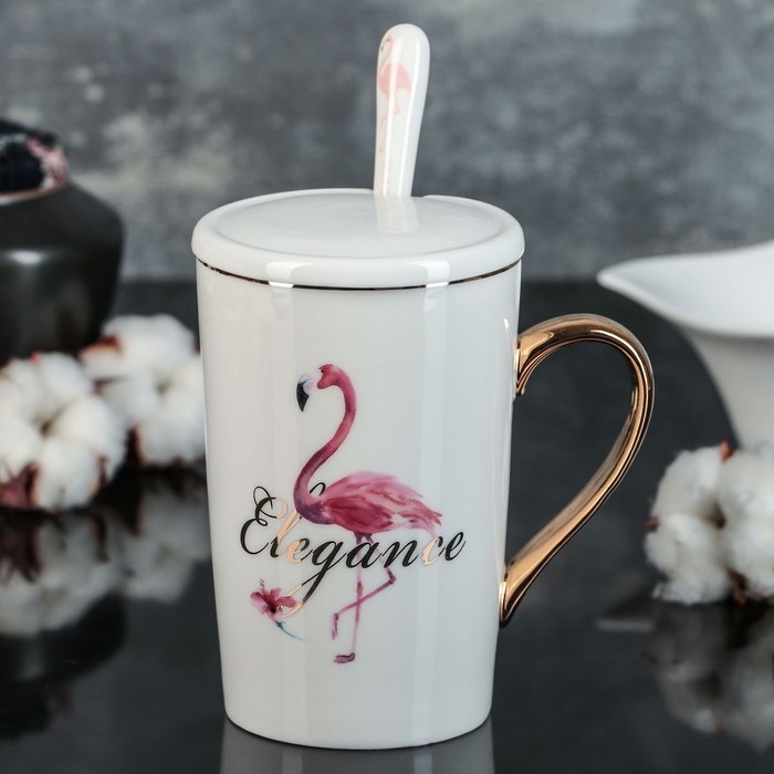 Кружка 500 мл "Фламинго", с крышкой и ложкой