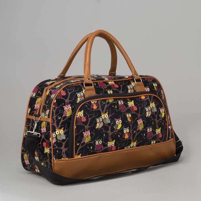 Сумка дорожная "Совы", отдел на молнии, наружный карман, длинный ремень, цвет чёрный