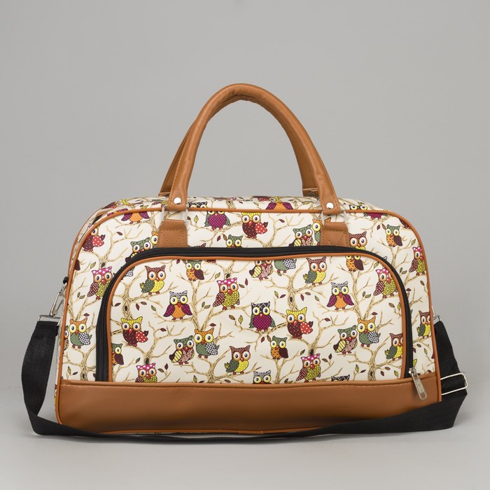 Сумка дорожная "Совы", отдел на молнии, наружный карман, длинный ремень, цвет бежевый