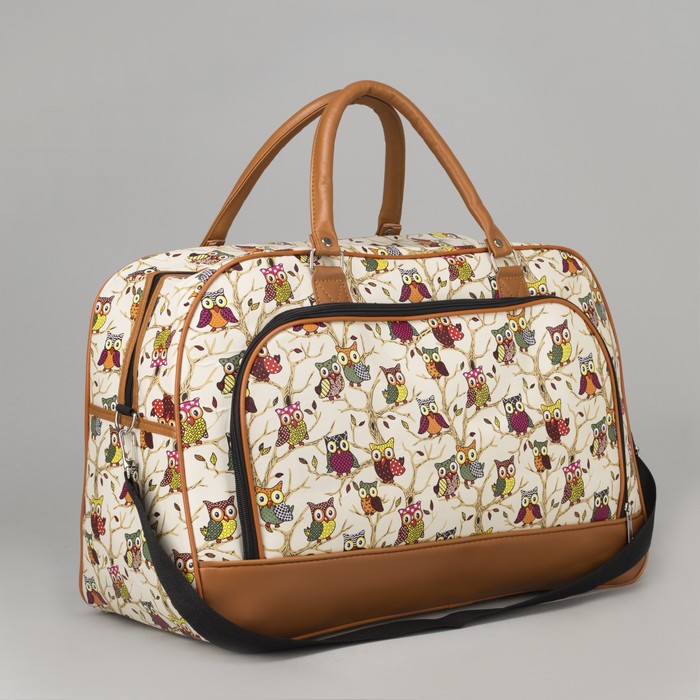 Сумка дорожная "Совы", отдел на молнии, наружный карман, длинный ремень, цвет бежевый
