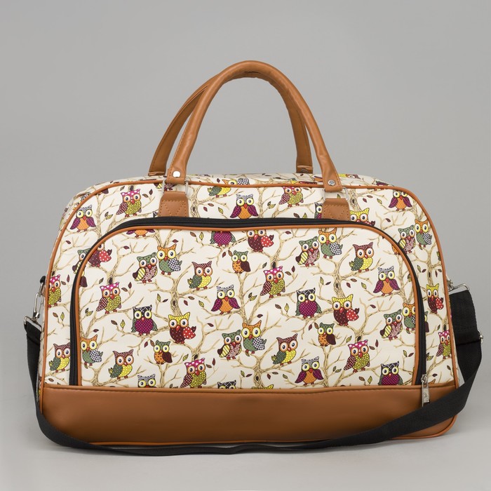 Сумка дорожная "Совы", отдел на молнии, наружный карман, длинный ремень, цвет бежевый