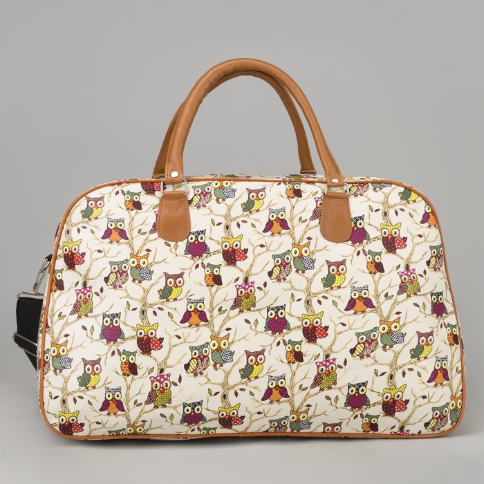 Сумка дорожная "Совы", отдел на молнии, наружный карман, длинный ремень, цвет бежевый