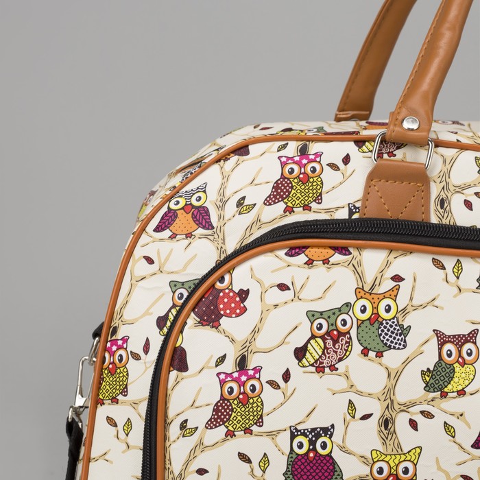 Сумка дорожная "Совы", отдел на молнии, наружный карман, длинный ремень, цвет бежевый