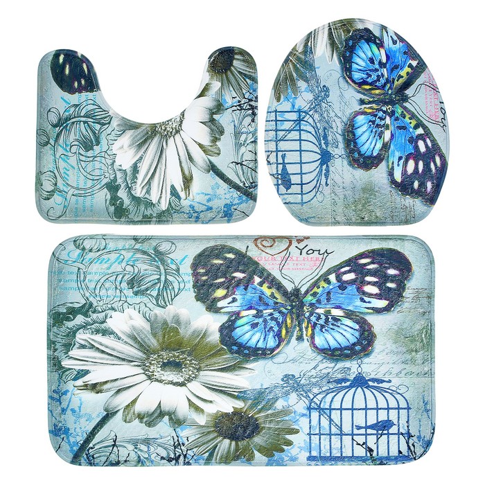 Набор ковриков для ванной и туалета 3 шт "Бабочка синяя"