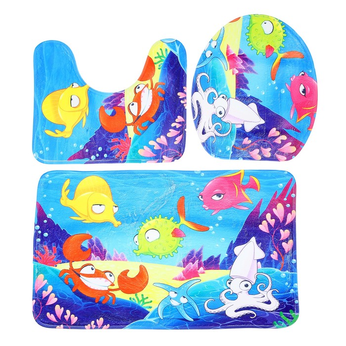 Набор ковриков для ванной и туалета 3 шт "Рыбы"