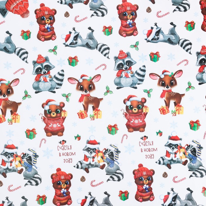 Бумага упаковочная глянцевая «Енот с друзьями», 70 х 100 см