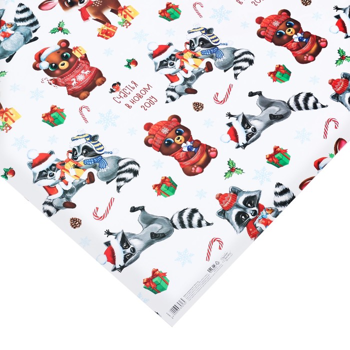 Бумага упаковочная глянцевая «Енот с друзьями», 70 х 100 см