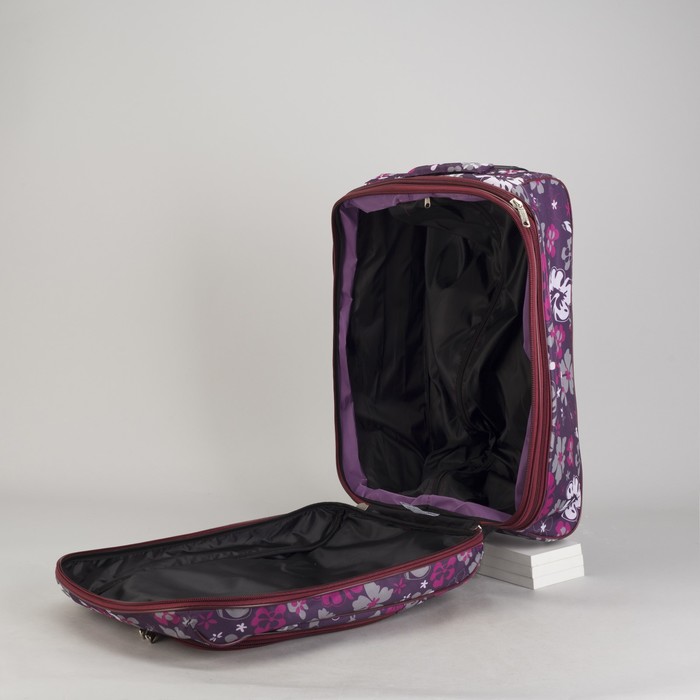 Чемодан малый "Цветы", отдел на молнии, наружный карман, цвет фиолетовый/бордовый