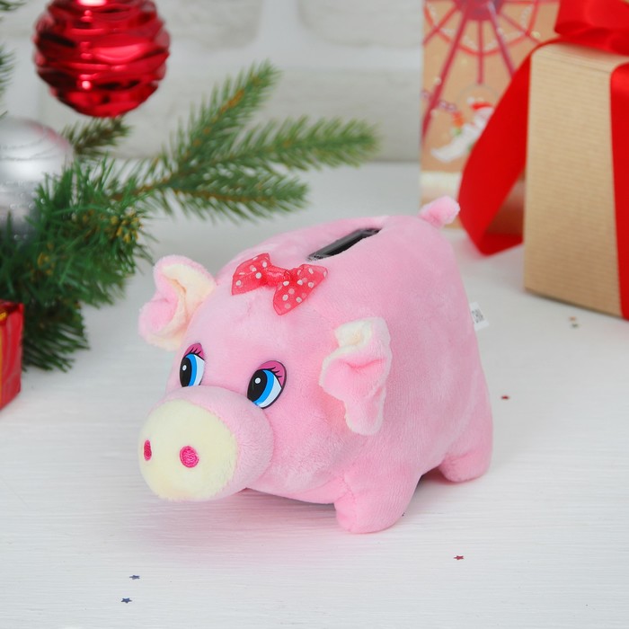 Мягкая музыкальная игрушка-копилка "Свинка" бантик в горошек, цвета микс