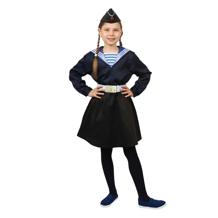 Карнавальный костюм "Морячка в пилотке" для девочки, синяя фланка, юбка, ремень, р-р 40, рост 146 см
