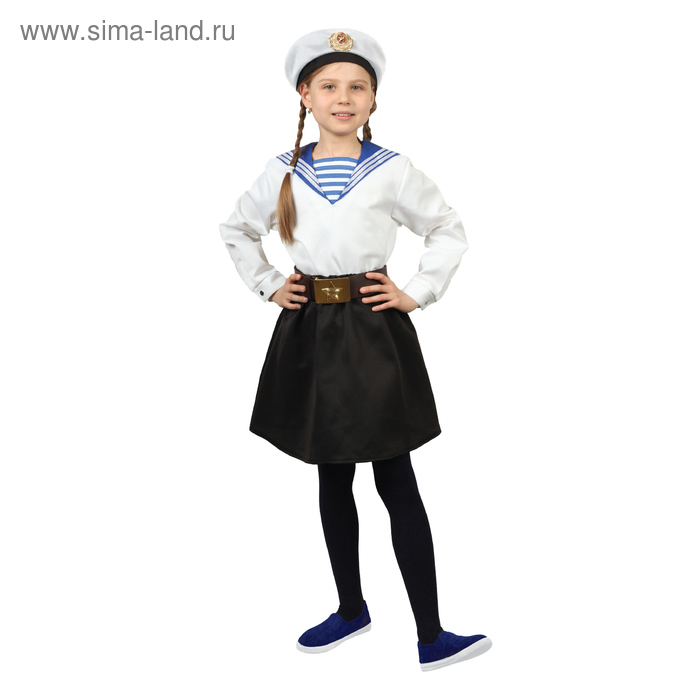фото Карнавальный костюм «морячка в бескозырке» для девочки, белая фланка, юбка, ремень, р. 36, рост 140 см страна карнавалия