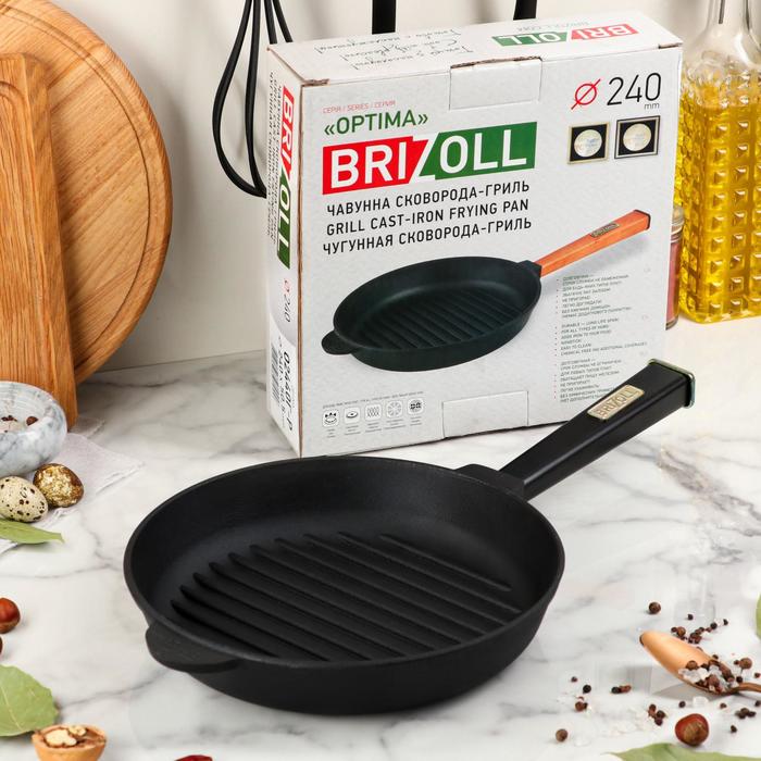 Сковорода чугунная гриль ТМ "BRIZOLL" 240х40 мм с ручкой "Optima-Black"