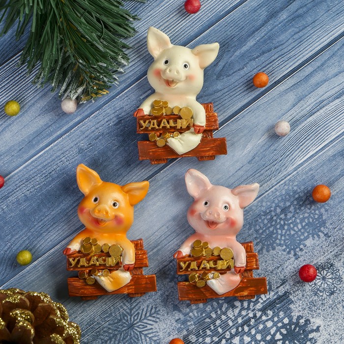 Магнит полистоун "Маленький поросёнок с монетами - Удачи" МИКС 5,8х5 см