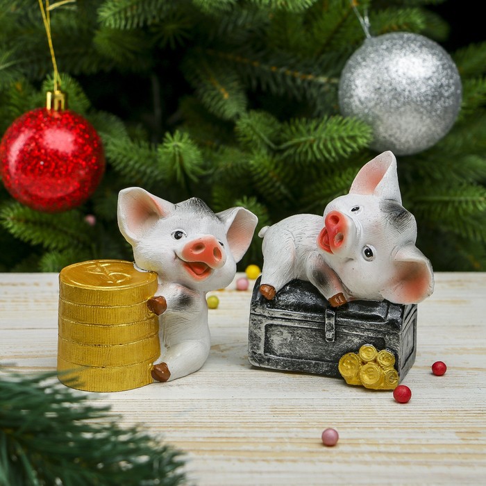 Копилка полистоун "Поросёночек-малыш с монетками/сундуком" МИКС 11х10х6,5 см