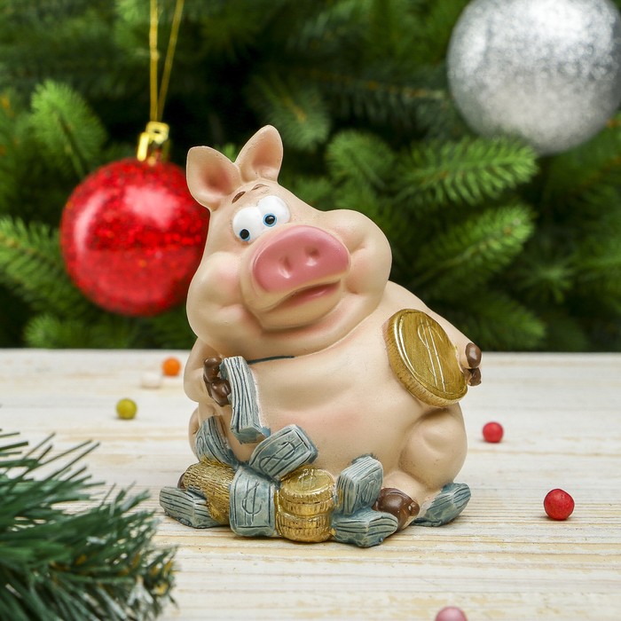 Копилка полистоун "Хряк с долларами и золотыми монетами" МИКС 9,5х9х8 см