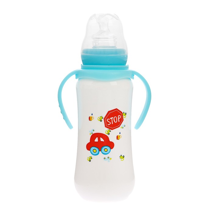 Бутылочка для кормления с ручками, 280 мл, от 0 мес., цвет белый/голубой, рисунок МИКС