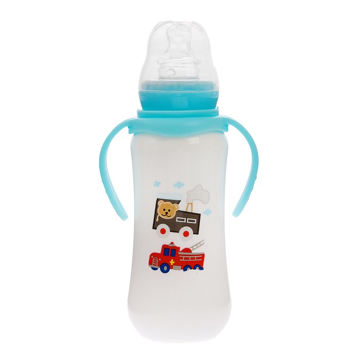 Бутылочка для кормления с ручками, 280 мл, от 0 мес., цвет белый/голубой, рисунок МИКС