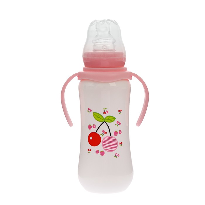 Бутылочка для кормления с ручками, 280 мл, от 0 мес., цвет белый/розовый, рисунок МИКС