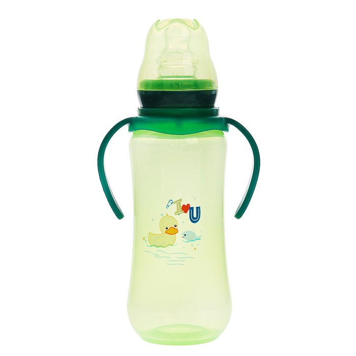 Бутылочка для кормления цветная с ручками, 280 мл, от 0 мес., цвет зелёный