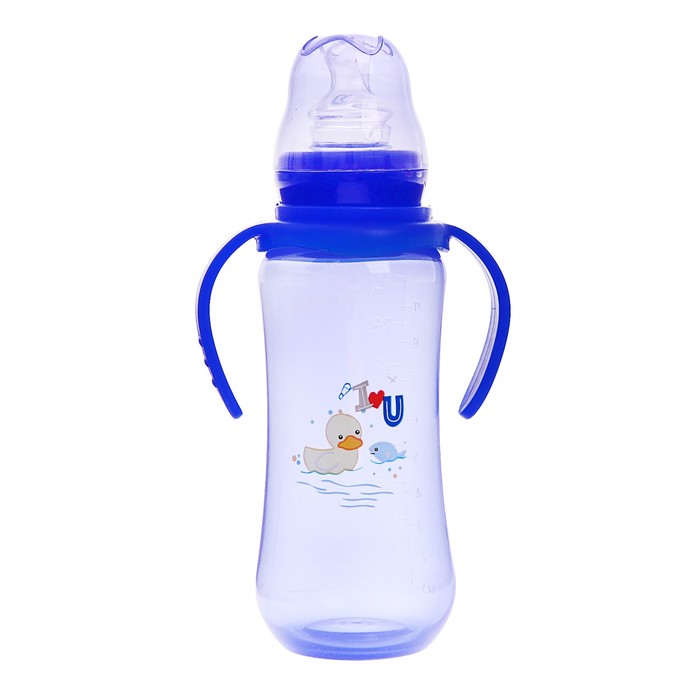 Бутылочка для кормления цветная с ручками, 280 мл, от 0 мес., цвет синий