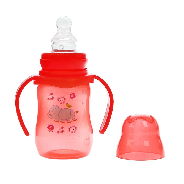 Бутылочка для кормления цветная с ручками, 150 мл, от 0 мес., цвет красный