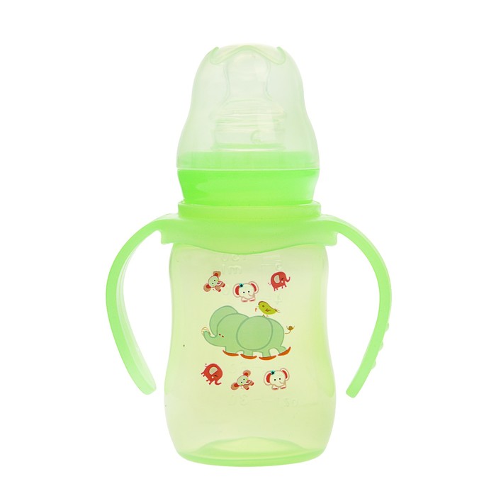 Бутылочка для кормления цветная с ручками, 150 мл, от 0 мес., цвет зелёный