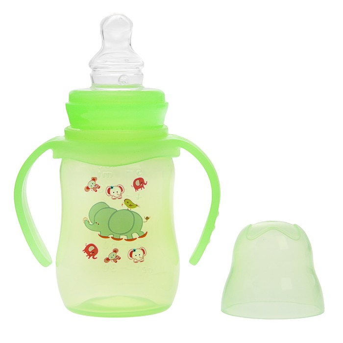 Бутылочка для кормления цветная с ручками, 150 мл, от 0 мес., цвет зелёный