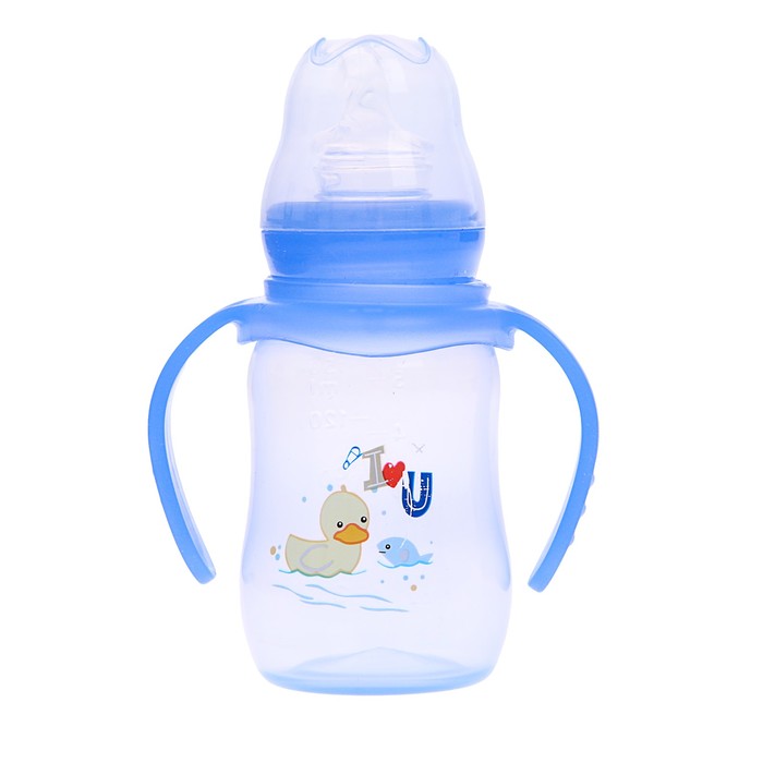 Бутылочка для кормления цветная с ручками, 150 мл, от 0 мес., цвет голубой