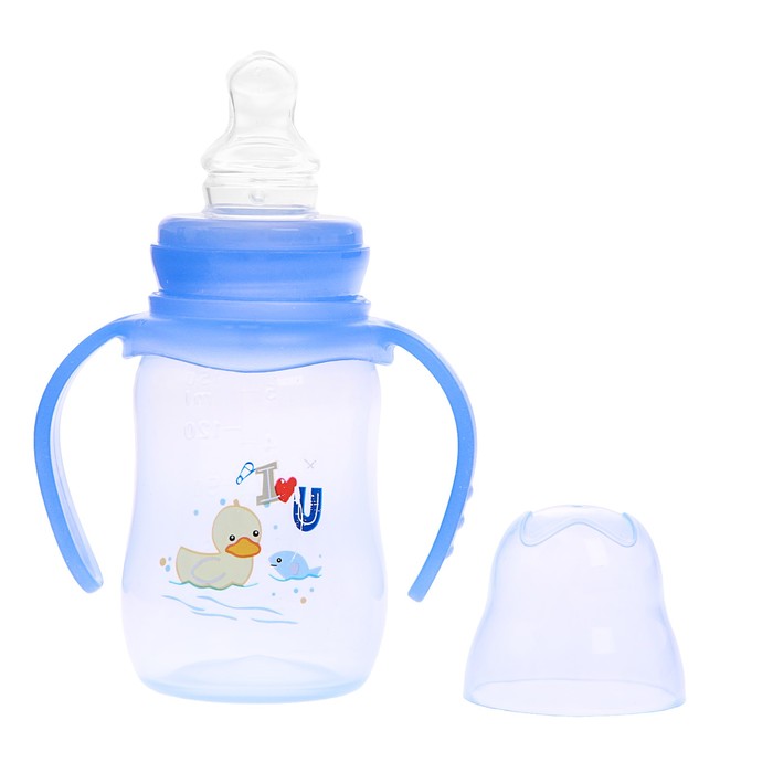Бутылочка для кормления цветная с ручками, 150 мл, от 0 мес., цвет голубой