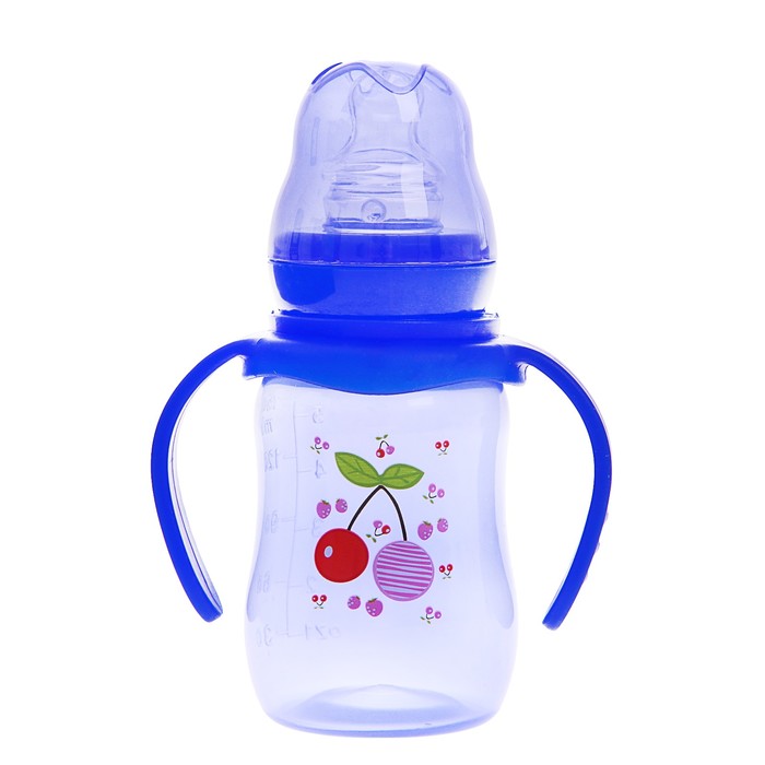 Бутылочка для кормления цветная с ручками, 150 мл, от 0 мес., цвет синий