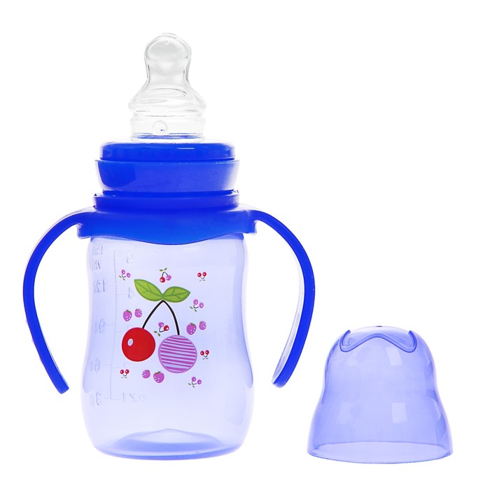 Бутылочка для кормления цветная с ручками, 150 мл, от 0 мес., цвет синий