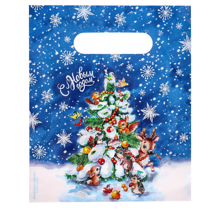 Пакет подарочный полиэтиленовый «Зверята у елки», 17 × 20 см