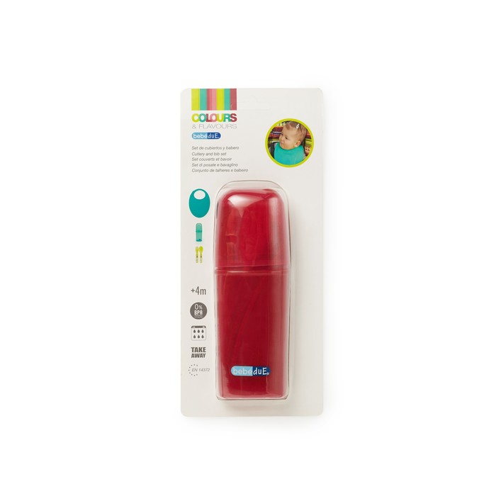 Набор столовых приборов ложка вилка в пенале с силиконовым нагрудником, розовый