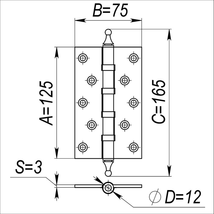 Петля универсальная Armadillo 500-A5 125х75х3 AB, цвет бронза, 2 шт.