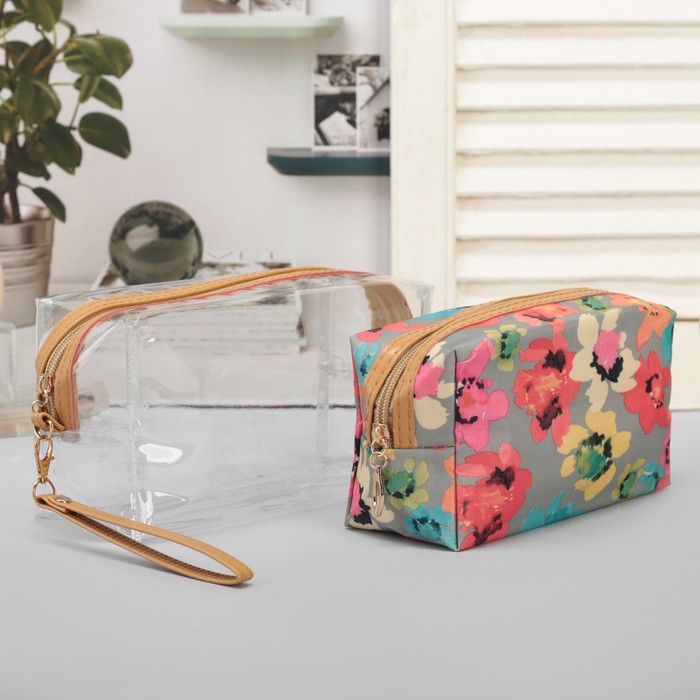 Набор косметичек 2 в 1 "Цветочки", отдел на молнии с ручкой, цвет серый