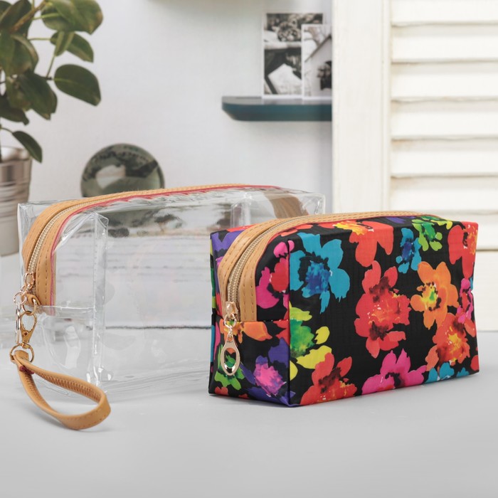 Набор косметичек 2 в 1 "Цветочки", отдел на молнии с ручкой, цвет чёрный
