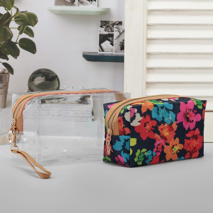 Набор косметичек 2 в 1 "Цветочки", отдел на молнии с ручкой, цвет синий