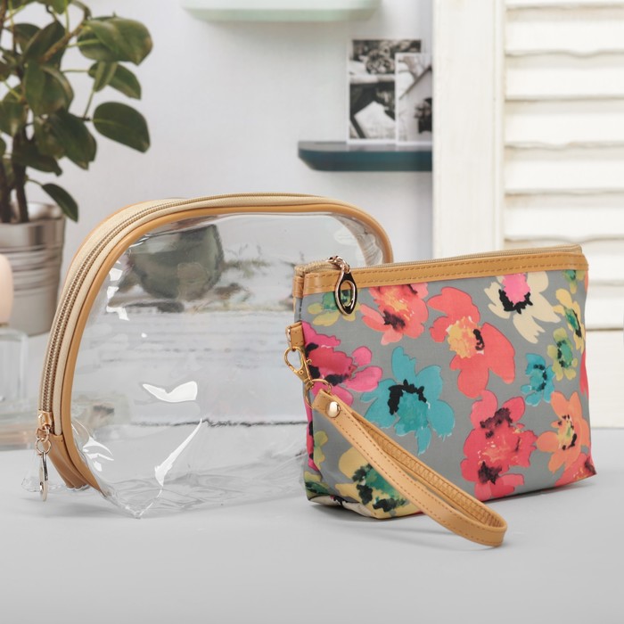 Набор косметичек 2 в 1, "Цветочки", отдел на молнии с ручкой, цвет серый